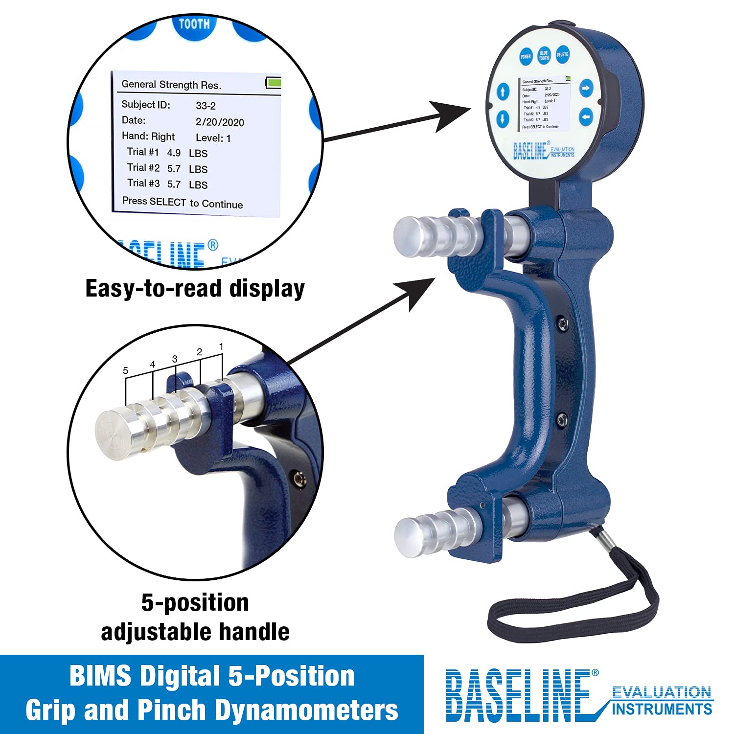 CanDo Baseline BIMS Digital Handdynamometer 5 Positionen bis 135 kg