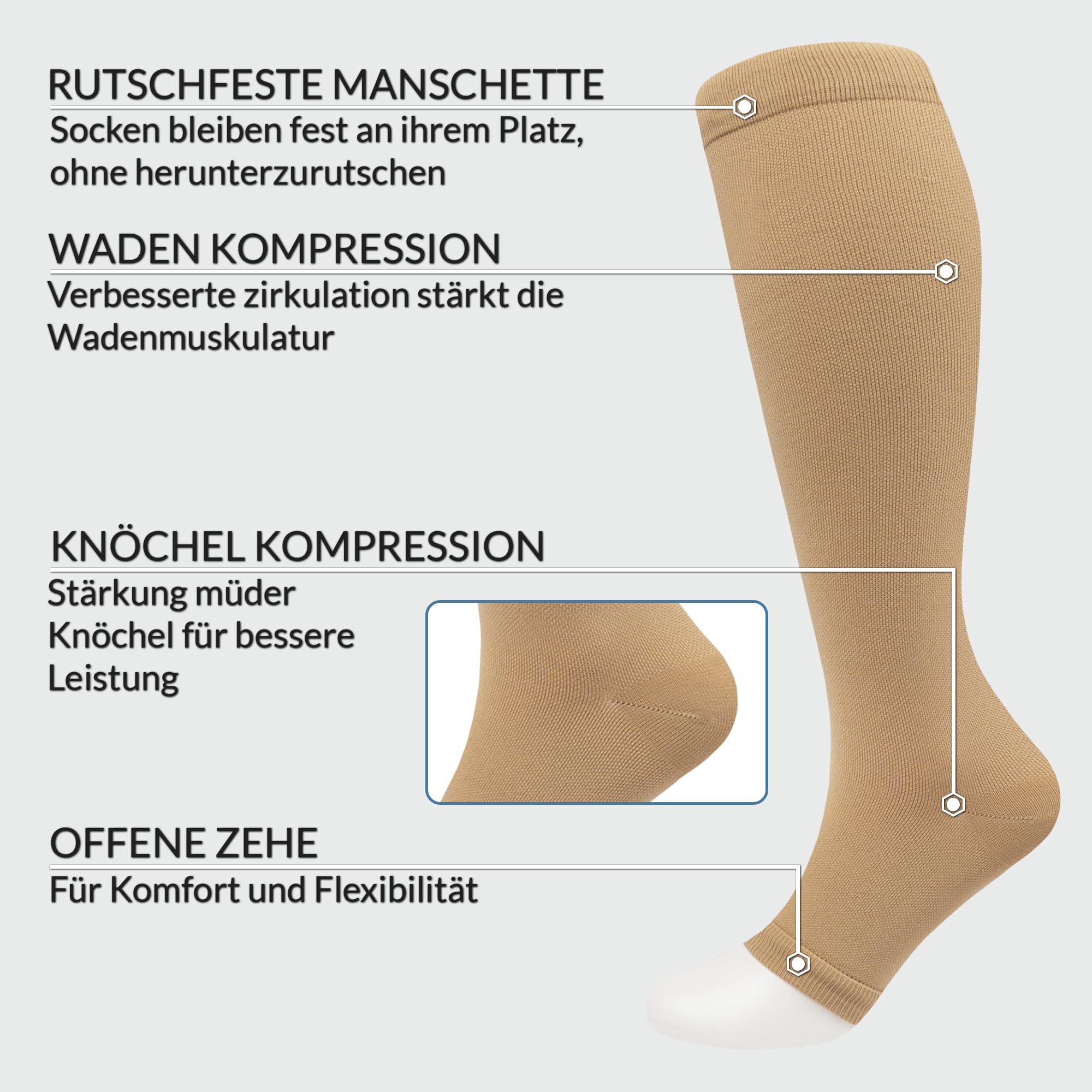 360 RELIEF Kompressionsstrümpfe ohne Zehen S-M beige